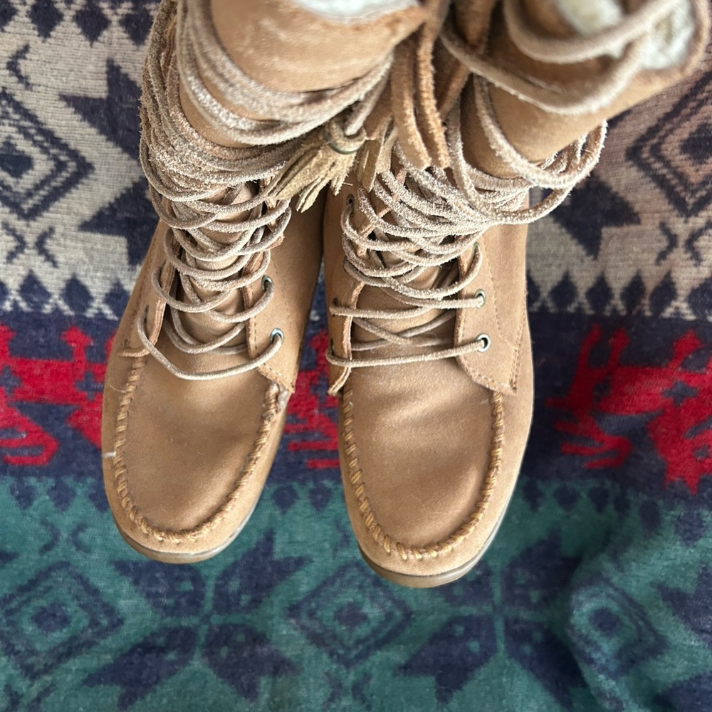 L.L. Bean Tan Lace Up Fringe Boots - Picture 2 of 7